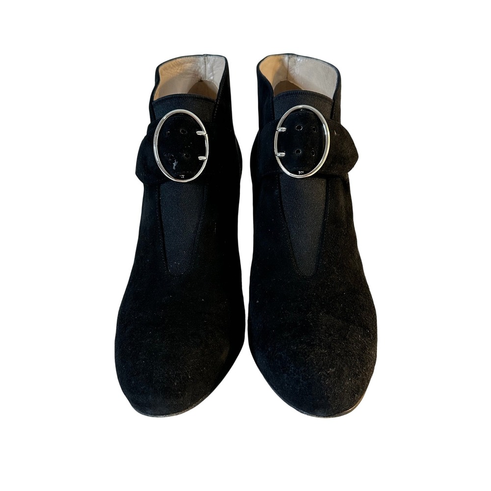Prada Buckle Ankle Boots Size 38 Black Suede Block Heel w/ Box